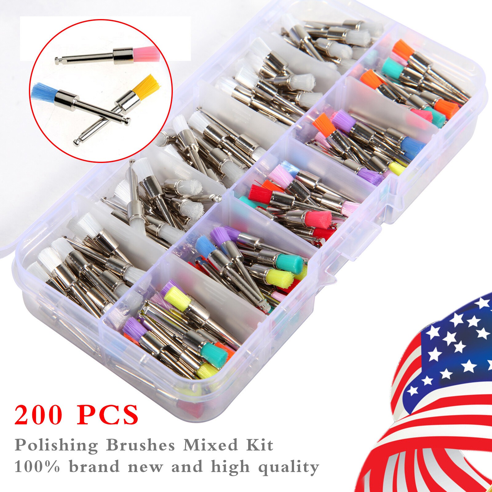 200 Pcs Dental White&Colorful Nylon Latch Flat Polishing Polisher Prophy Brushes