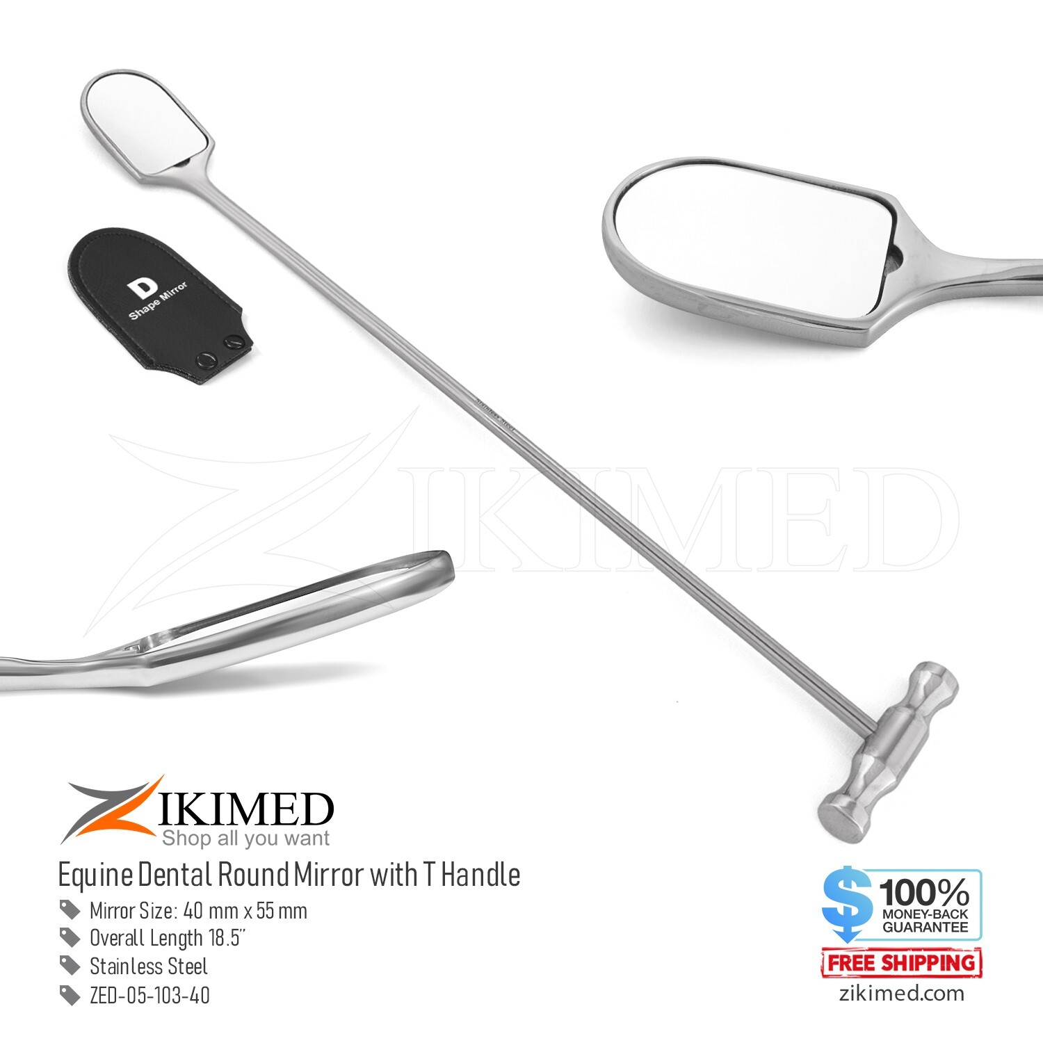 Equine Dental Examination D-Shape Mirror, Stainless Steel Length 18" Long