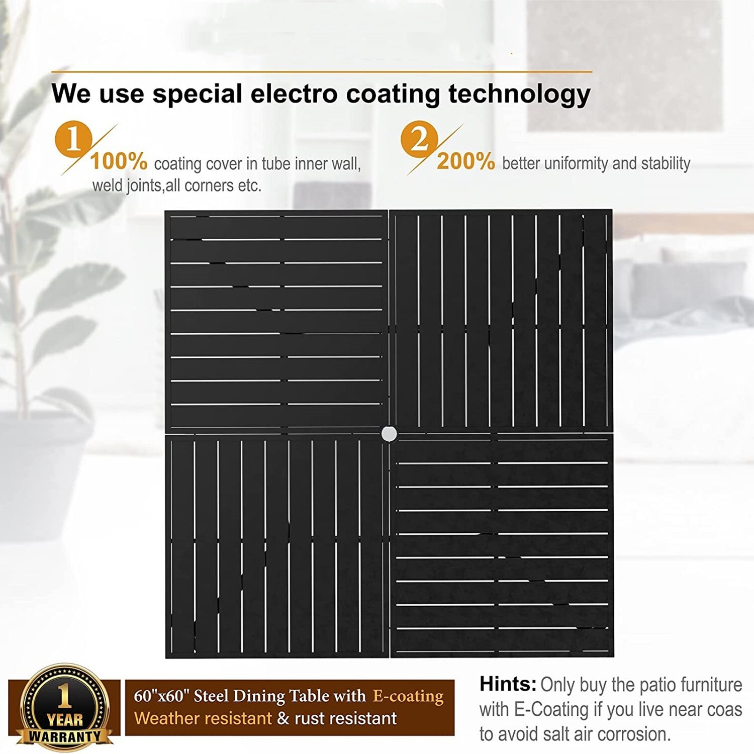 PHI VILLA Outdoor Dining Table Patio Table 60''x60'' Square Table for 8 Person