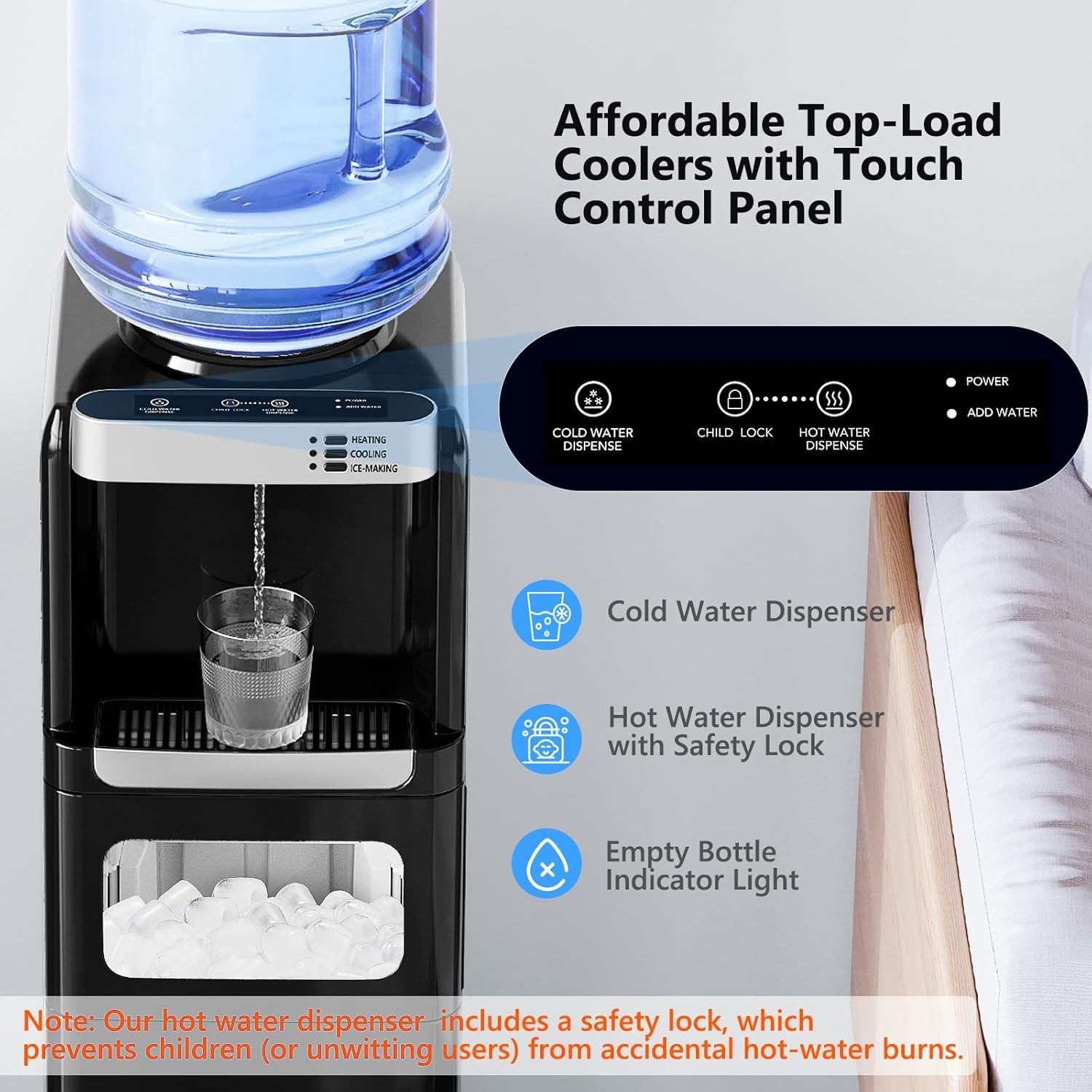 Water Dispenser with Ice Maker Function, Top Loading Hot and Cold Water Cooler