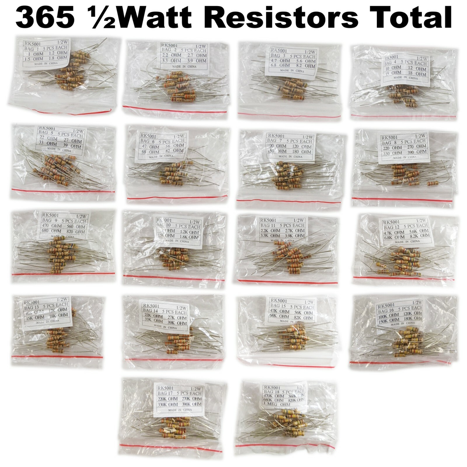 365 Piece 1/2 Watt Resistor Kit Assortment in Compartmentalized Storage Box