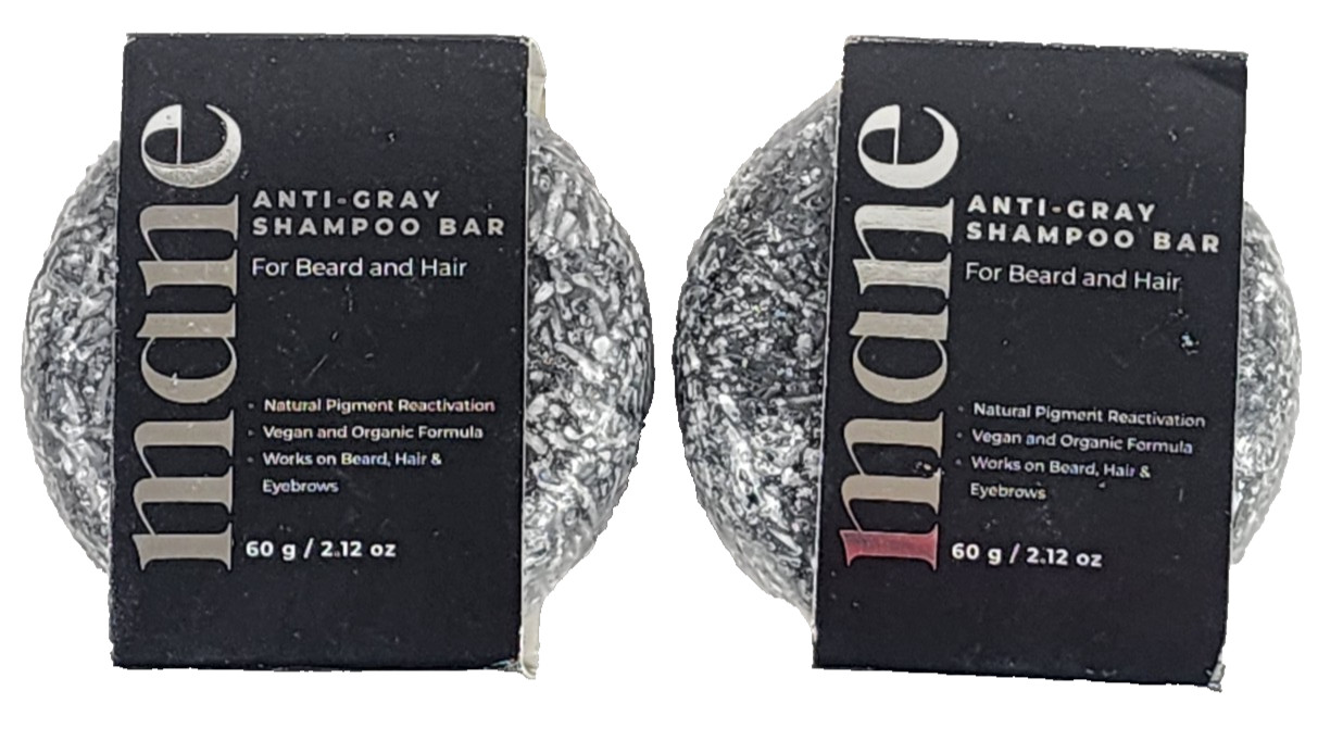 LOT OF 2 Mane Anti-Grey Shampoo Bar Mens Hair & Beard Wash, Bamboo Charcoal 60g