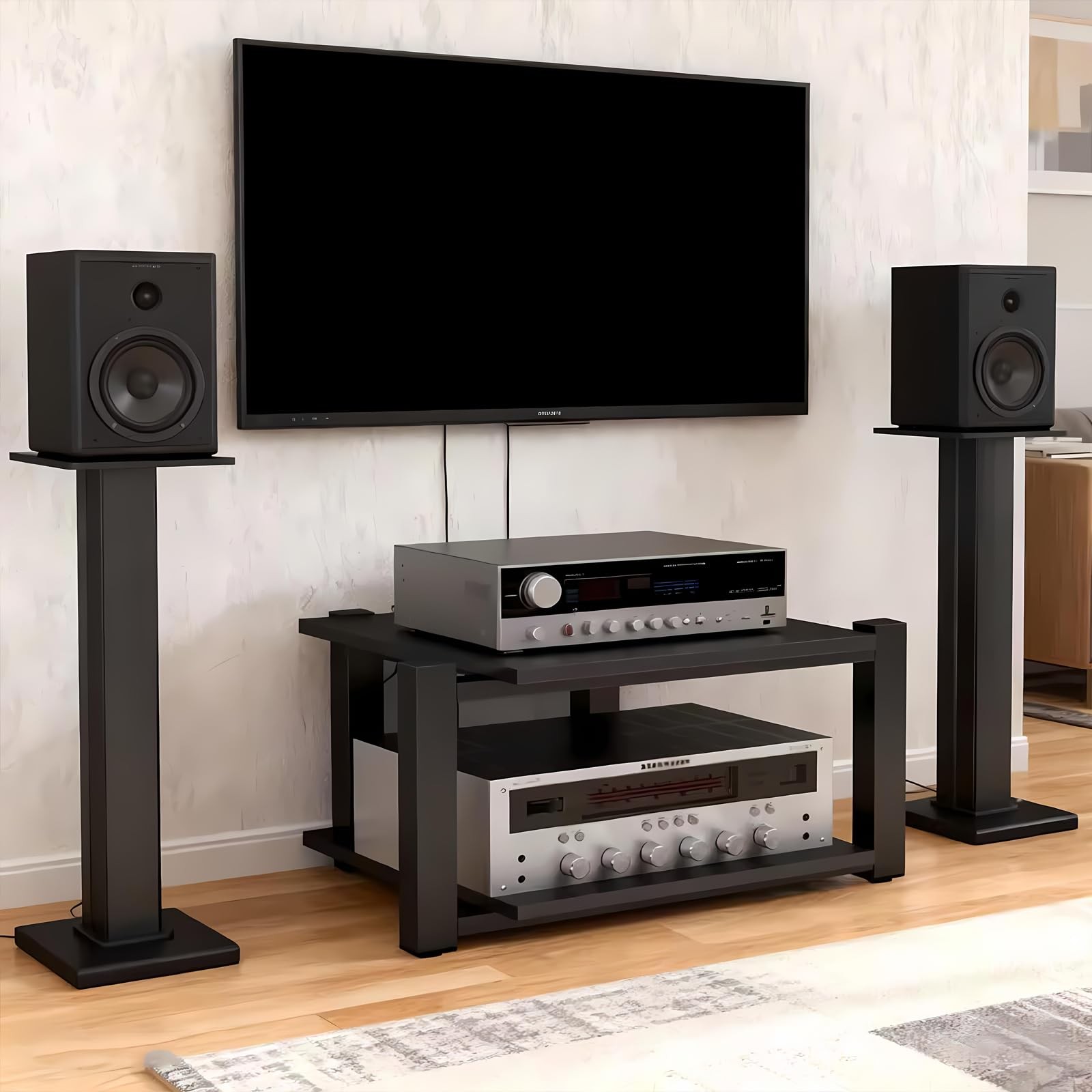 Heavy Duty Audio Rack Tower, Av Media Player Stand with Wooden Shelves, Black...
