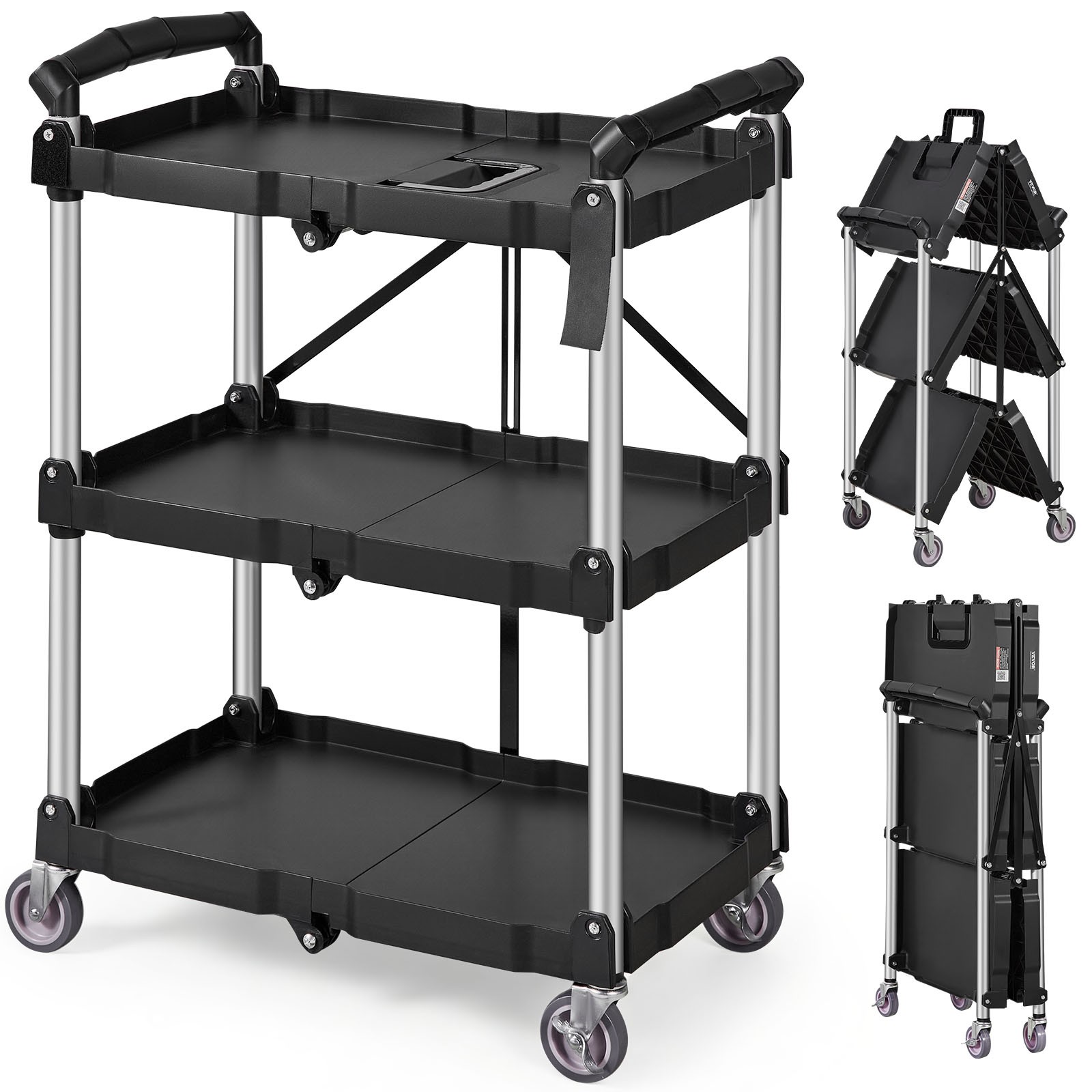 VEVOR Foldable Utility Service Cart 3 Shelf 165LBS with Swivel Lockable Wheels