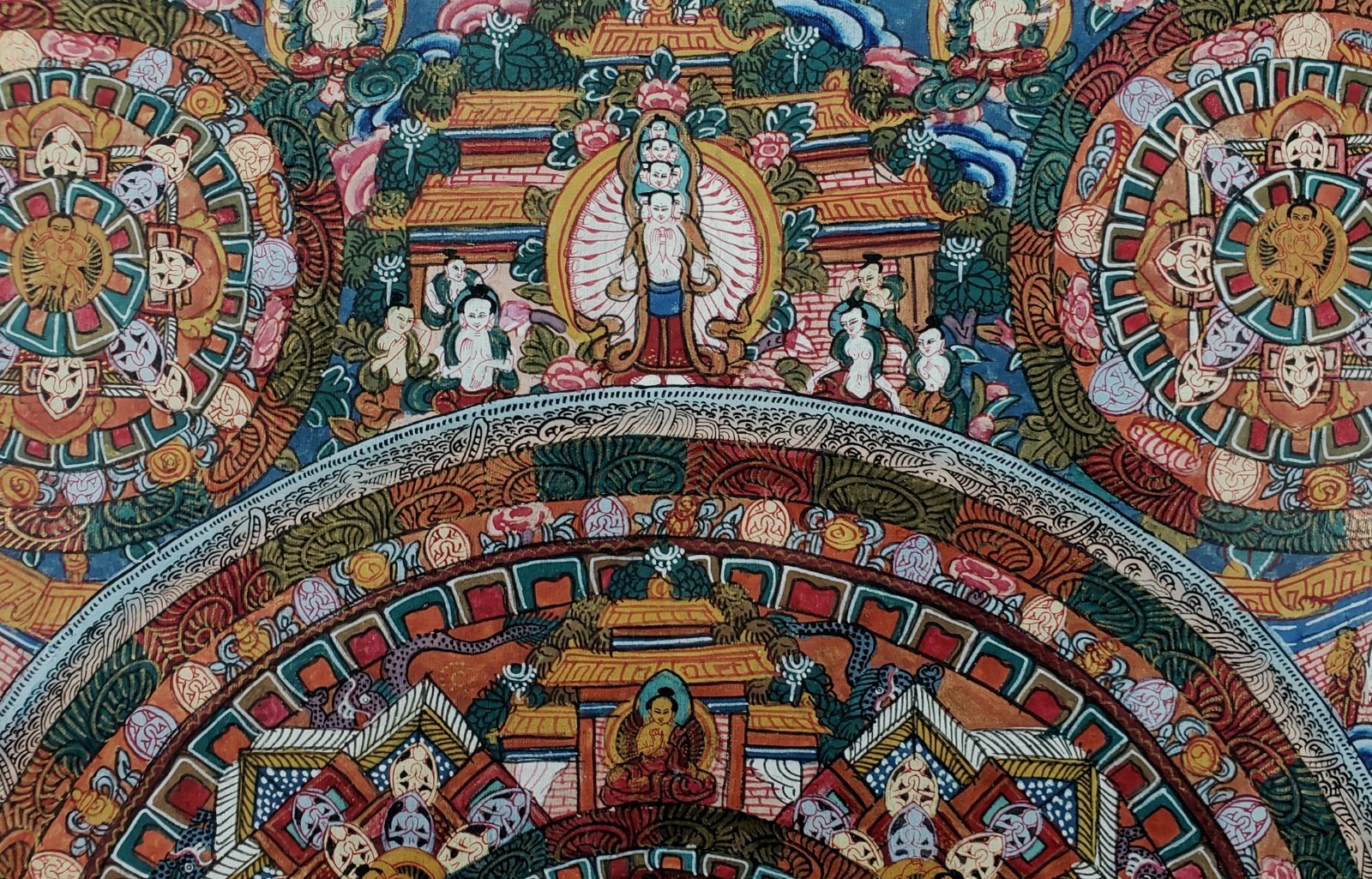 Vintage Hand Painted Tibetan Buddhist Mandala Thangka Framed 16 x 19” VF+