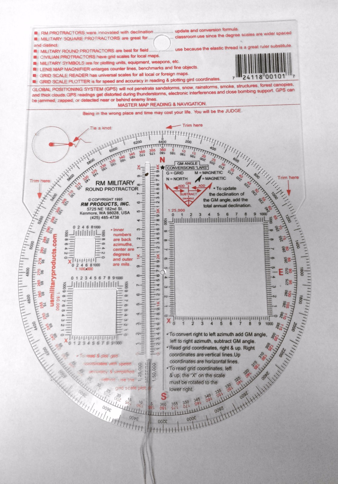 RM PRODUCTS Military Round Protractor (Red) SCALES: 1:25k / 1:50k / 1:100k