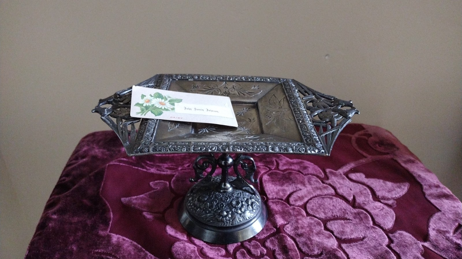 Antique Victorian unique Art Nouveau Dark Silver Plate Calling Card Repousse