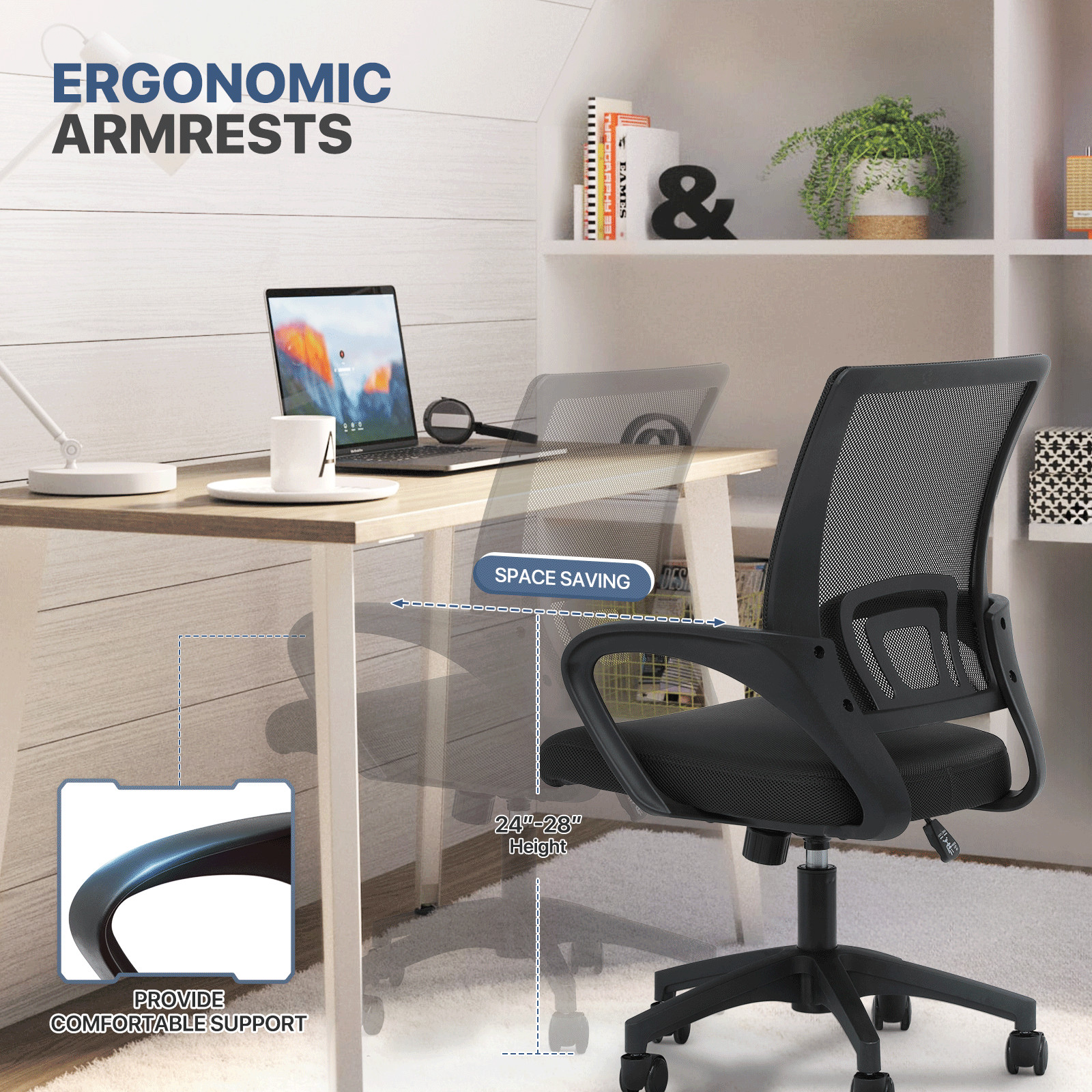 Adjustable Height Swivel Computer Home Office Ergonomic Desk Mesh Chair Black
