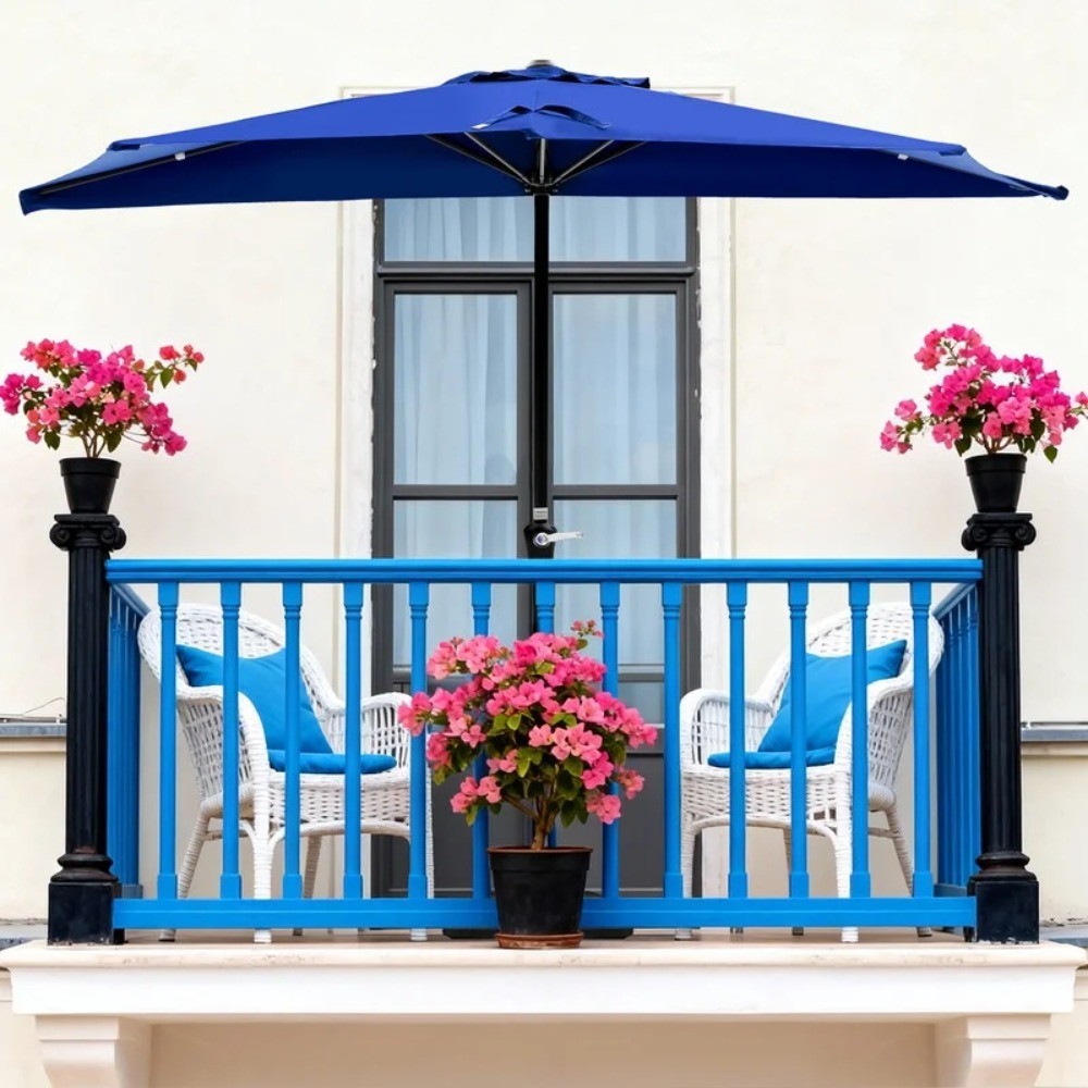 Half Umbrella Outdoor Patio，9 FT scalloped Patio Umbrella with Easy Crank