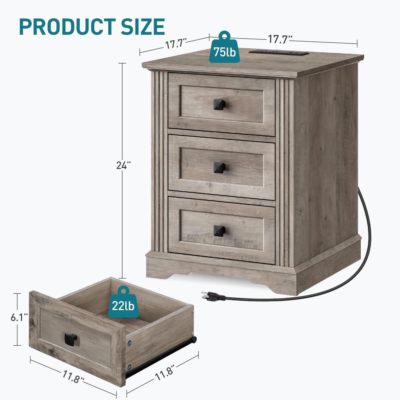 Nightstand with 3 Drawers, 18 Inch Wide End Table with Charging Station, Farm...