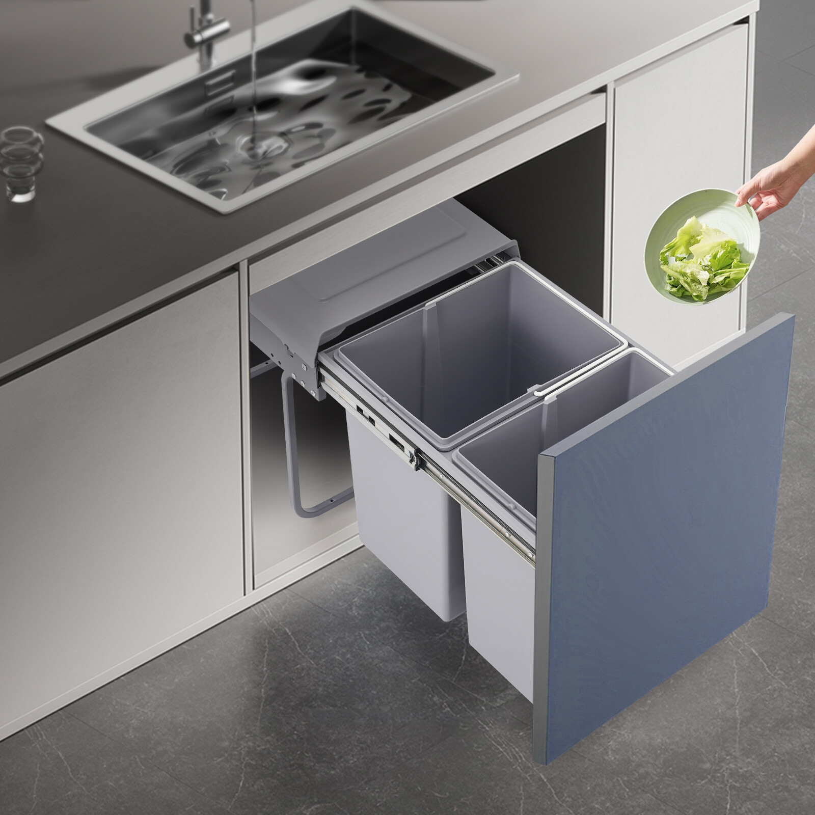 4.4Gal Under Cabinet Dual Pull-Out Trash Can Kitchen 20L Sliding Waste Bin Grey