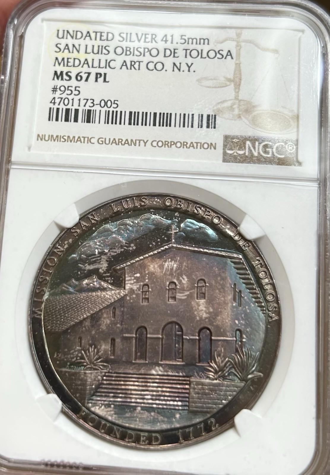 Medallic Art Co San Luis Obispo De Tolosa Silver Medal NGC MS67 PL Toner!