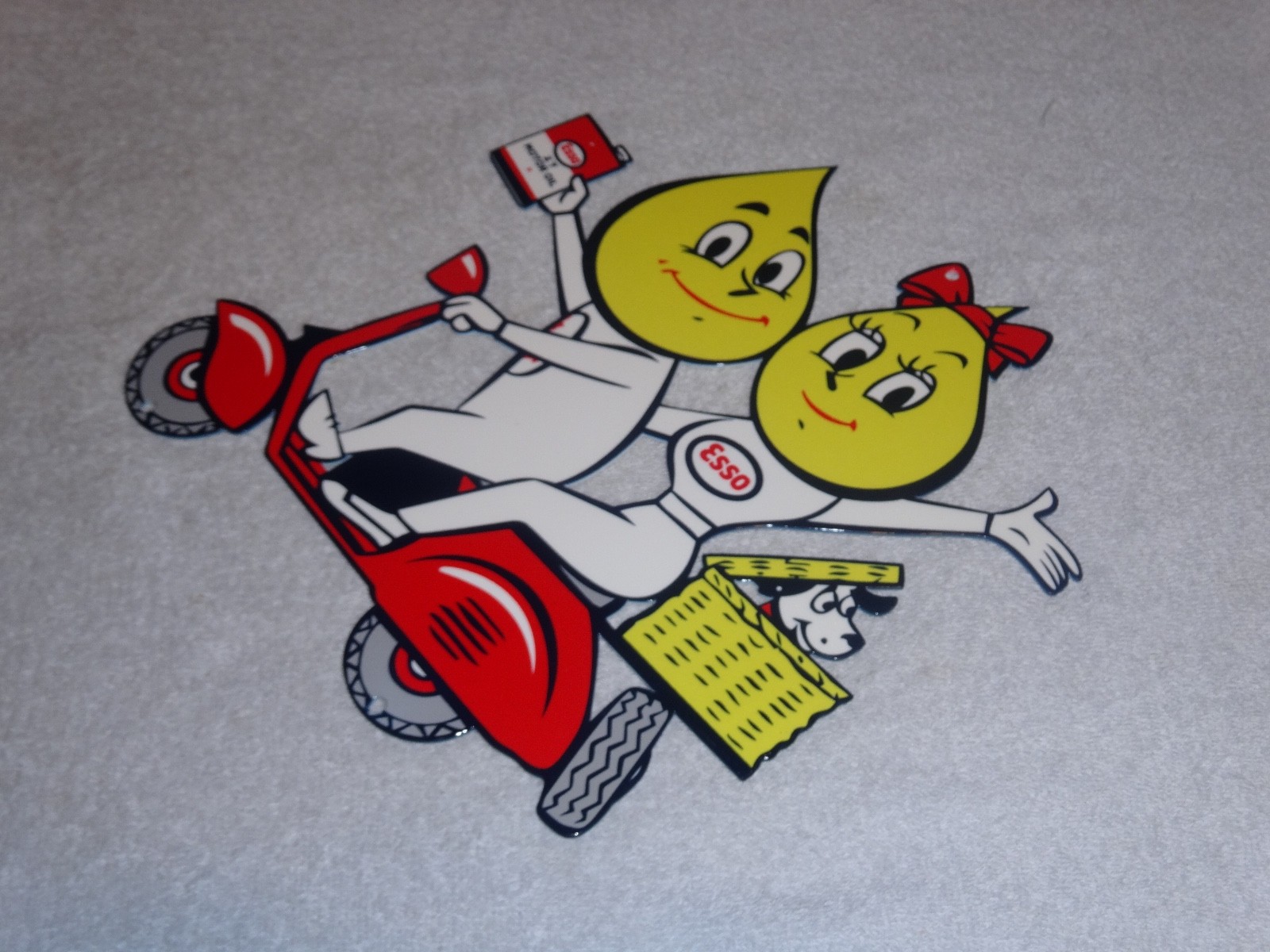 VINTAGE ESSO OIL DROP BOY & GIRL ON VESPA SCOOTER W/ DOG 12" METAL GASOLINE SIGN