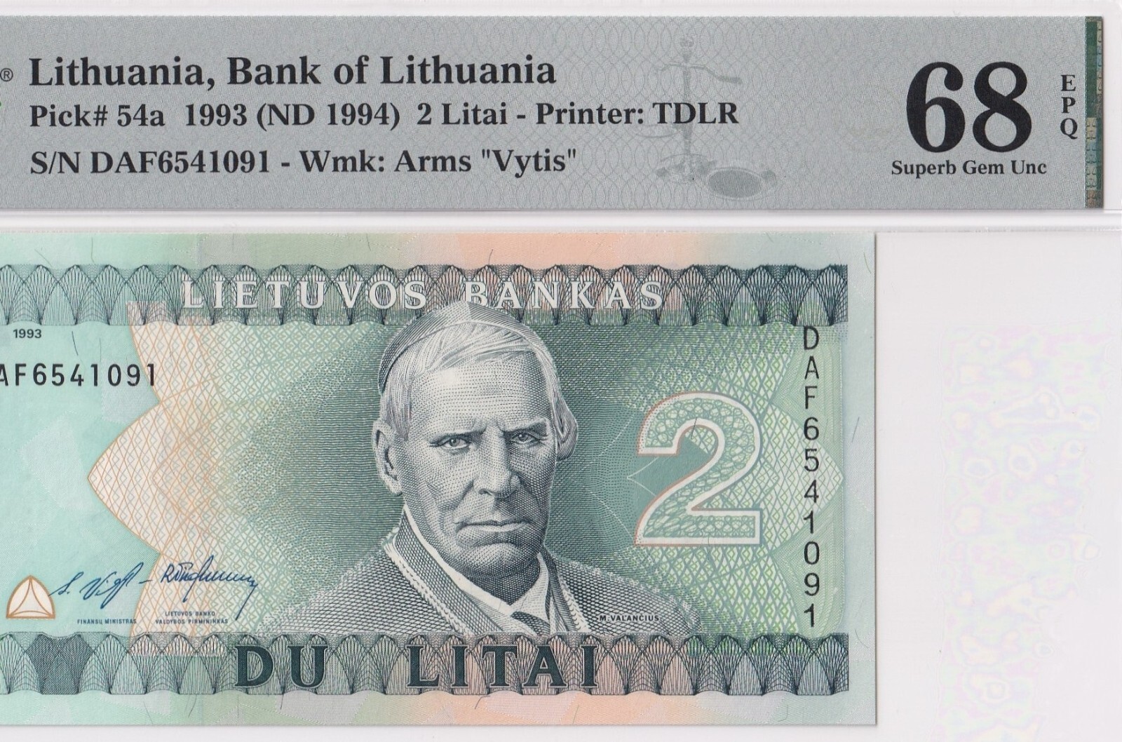 LITHUANIA-2 LITAI-1993 (ND 1994)-PICK 54a-#6541091 **PMG 68 EPQ SUPERB GEM UNC**
