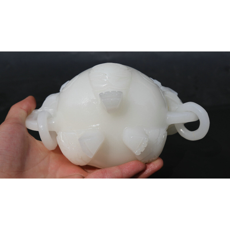6.5" Chinese White Jade Carved Dragon Head Beast Tripodia Incense Burner Censer