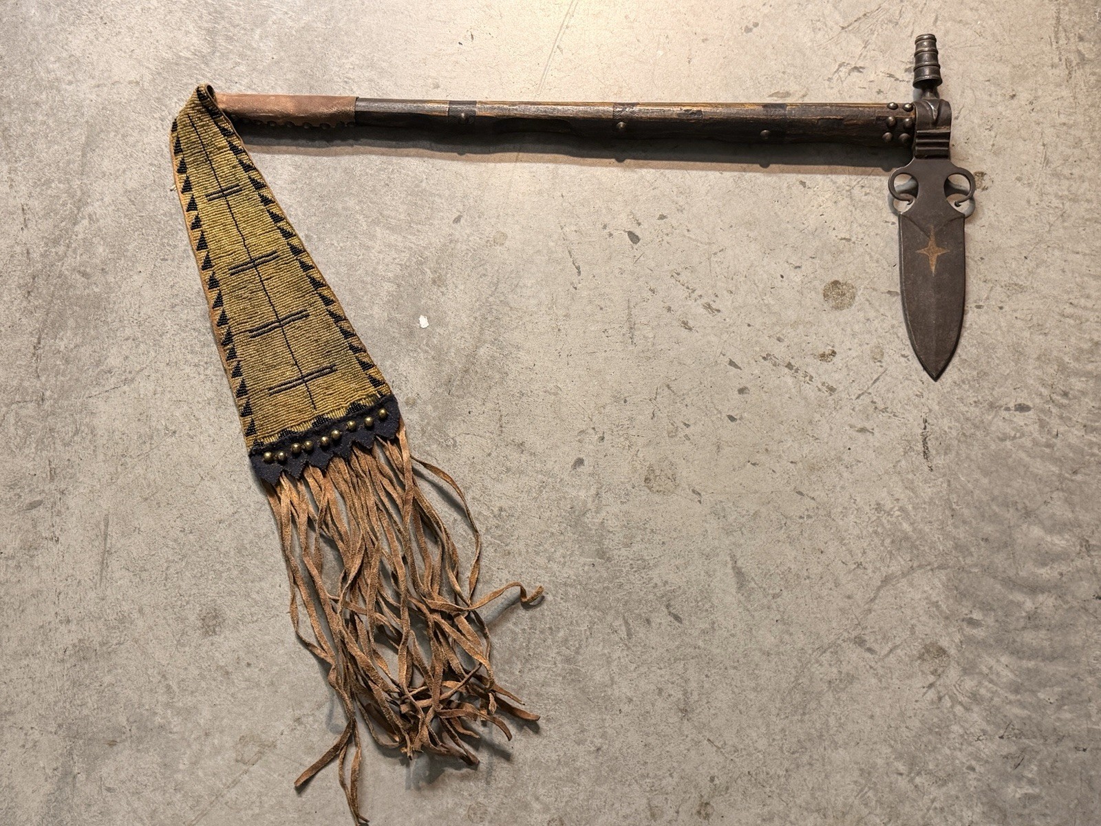 1800’s Plains Indian Pipe Tomahawk with Beaded Drop and Star Engraving