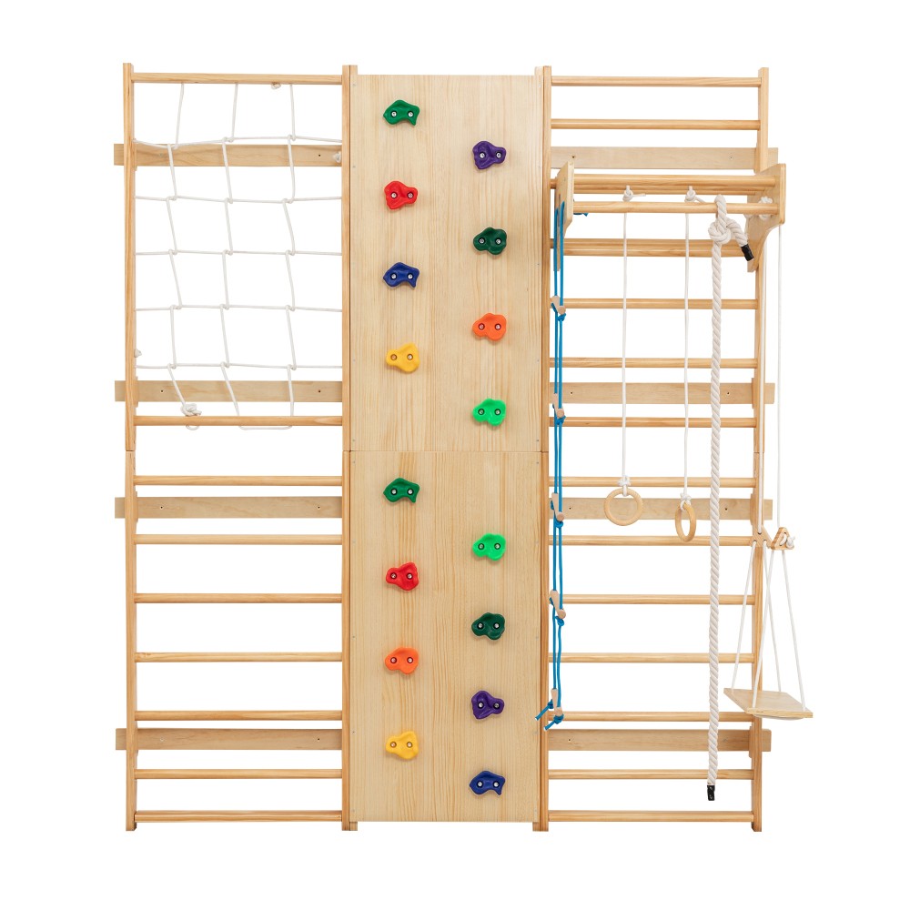 Indoor Climbing Set Rock Climbing Wall Wooden Swings Gymnastic Rings Rope Ladder