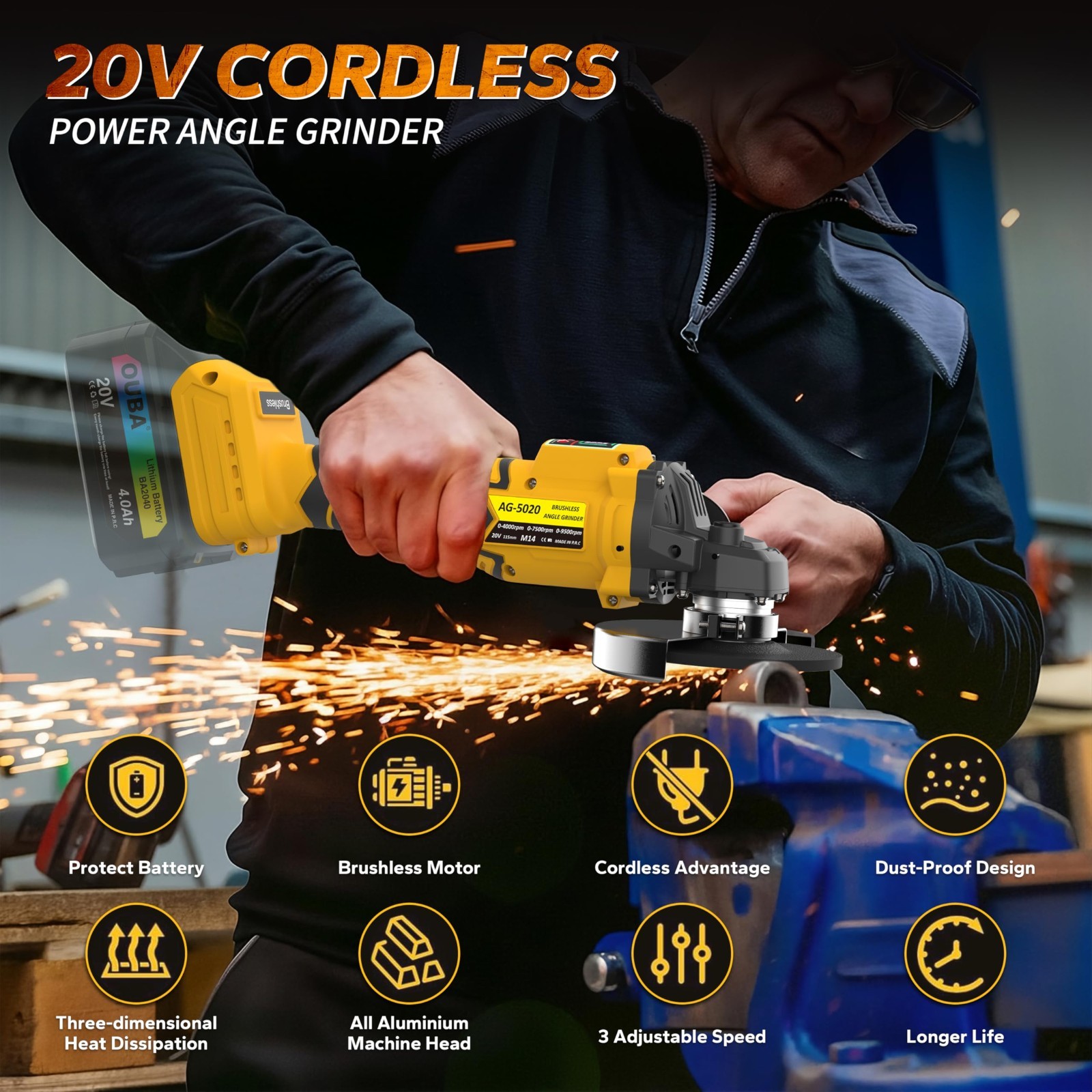Cordless Angle Grinder Compatible Dewalt 20V MAX Battery 4-1/2" to 5" Brushless