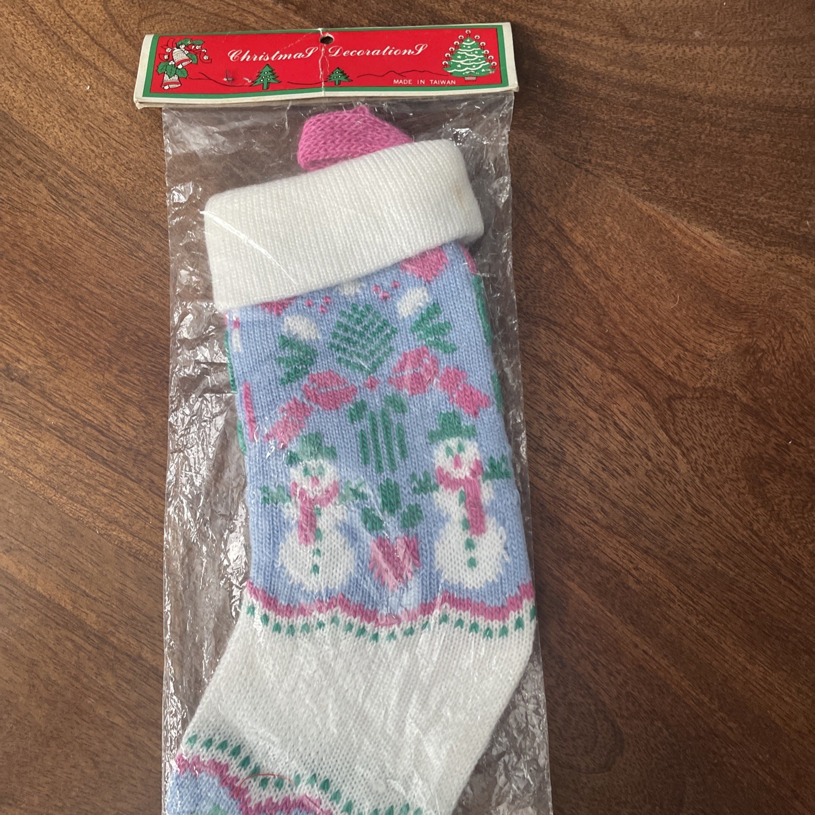 Vintage Christmas Knitted Mini Stocking Ornament Pink Blue 1980s Taiwan Snowman