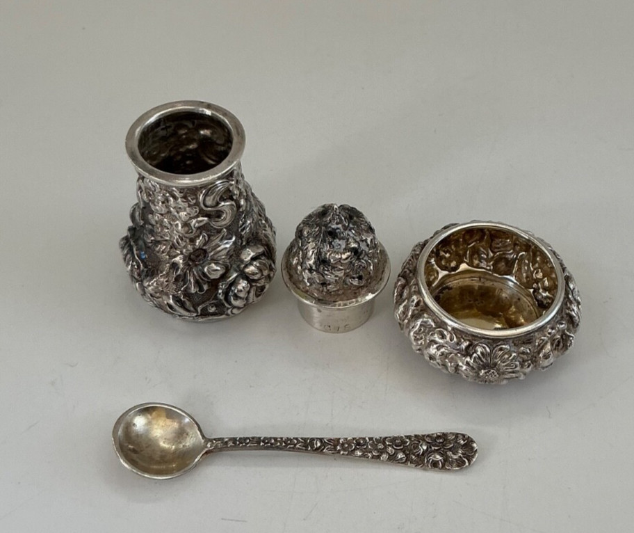 Antique Set Stieff Rose Sterling - Salt Cellar, Spoon and Pepper Shaker, 4 pc