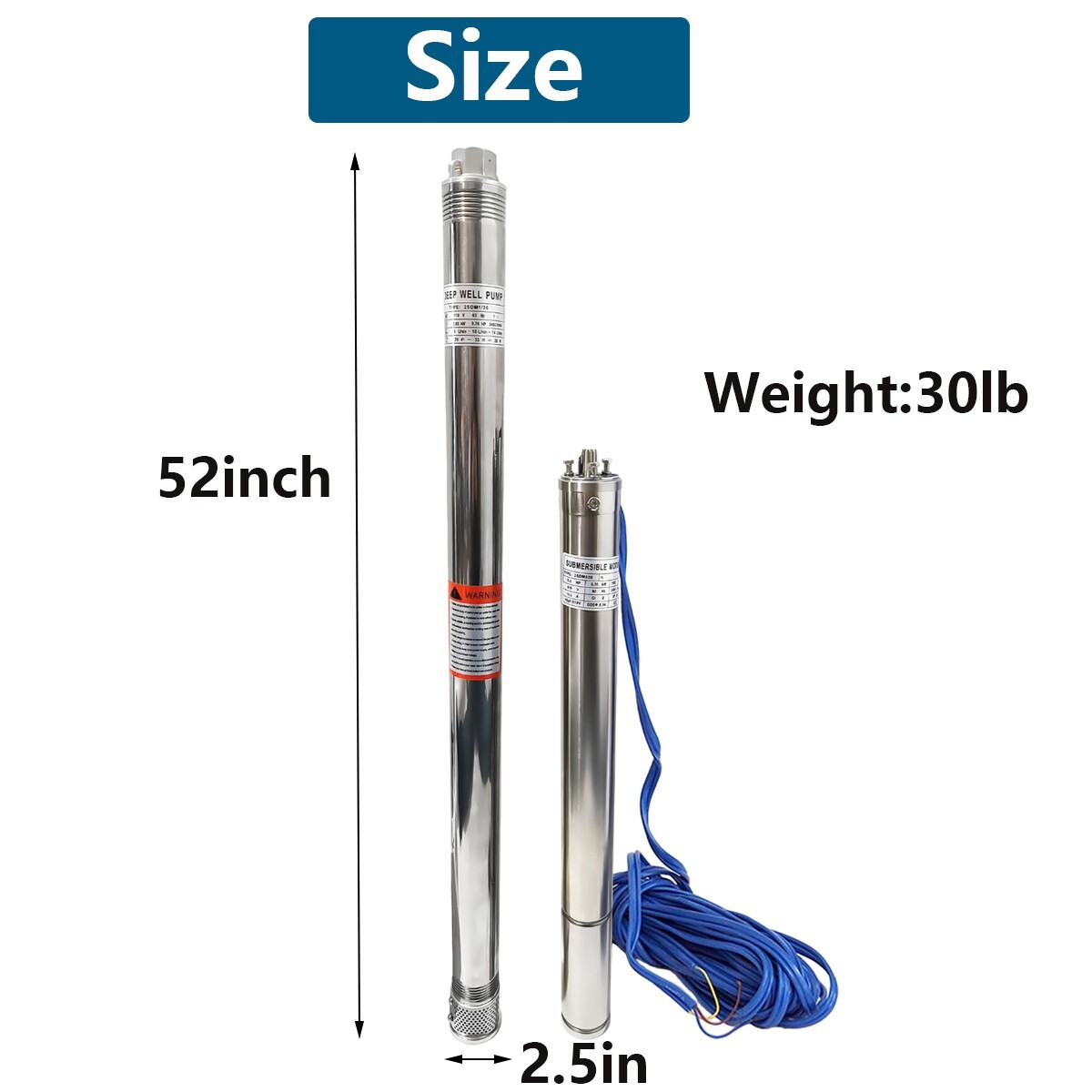 2.5" 1HP Deep Well Submersible Pump, 220V, 13 GPM, 311FT Max, 26 Stage 50FT Cord