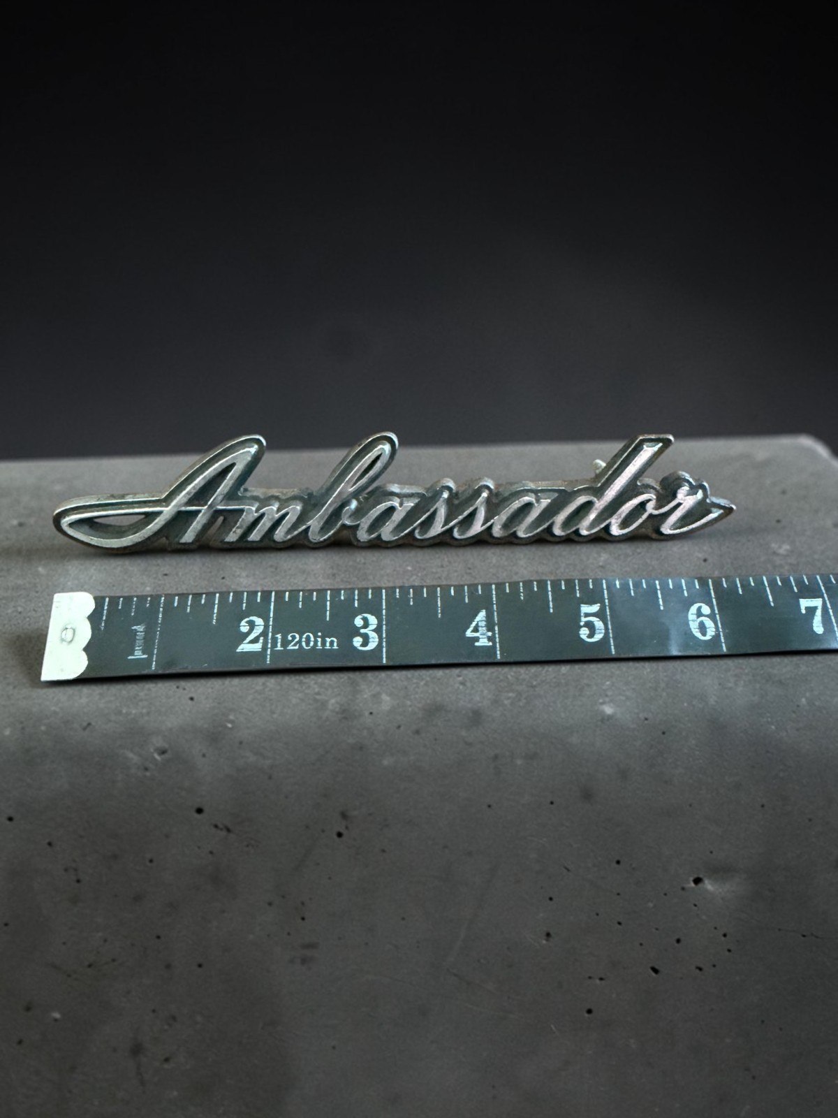 1968 AMC Ambassador Script Emblem 6" OEM Badge Part 361604 - Missing Post