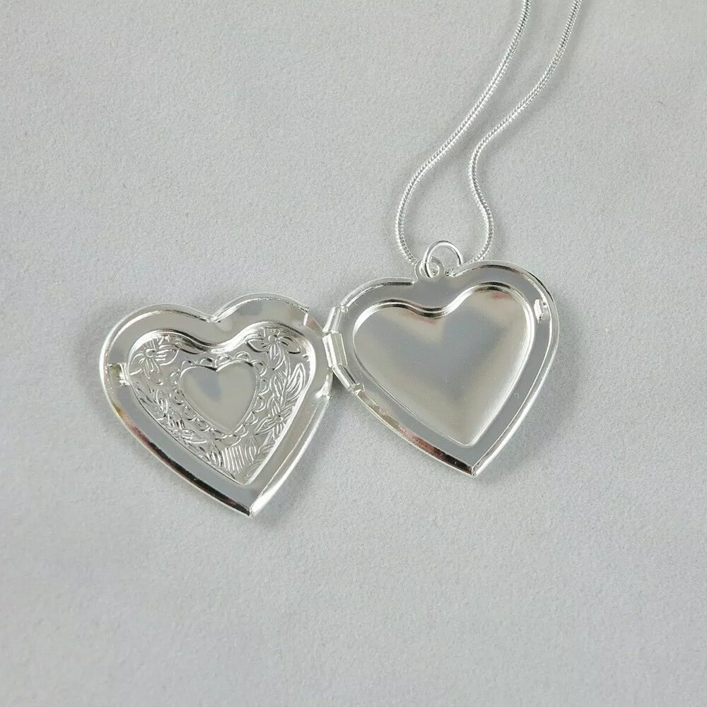 925 Sterling Silver Plated Heart Necklace, Locket Photo Picture Pendant 18" N1