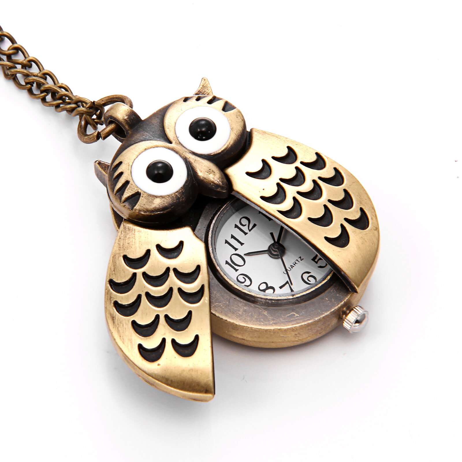 Vintage Retro Owl Wings Bronze Tone Open Face Pocket Watch Pendant Necklace