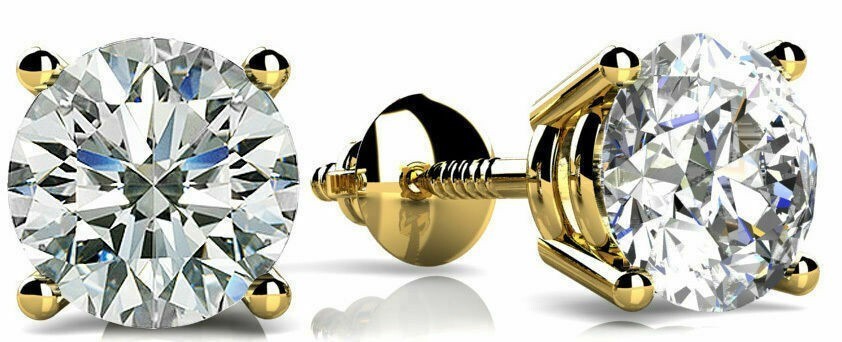 1.85 Carat Round Natural Diamond Studs 14k Yellow Gold Basket style Earrings