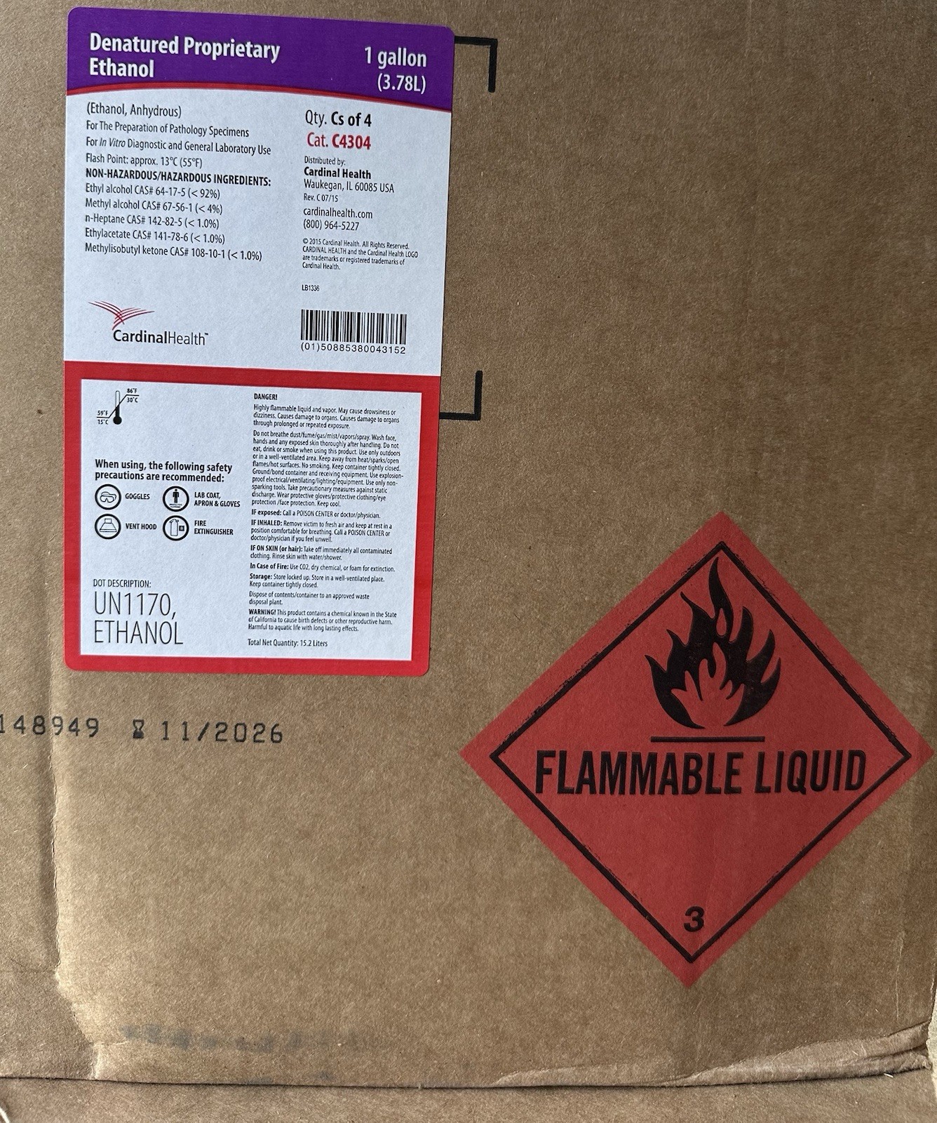 (1 Gallon) 128 oz Denatured Alcohol (Ethanol) 190 proof Cardinal Health