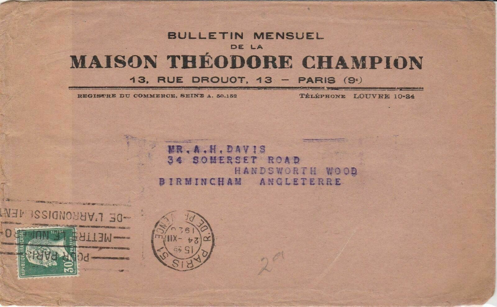 Theodore Champion Paris Monthly Philatelic Newsletter Stamps Cover Ref 31904