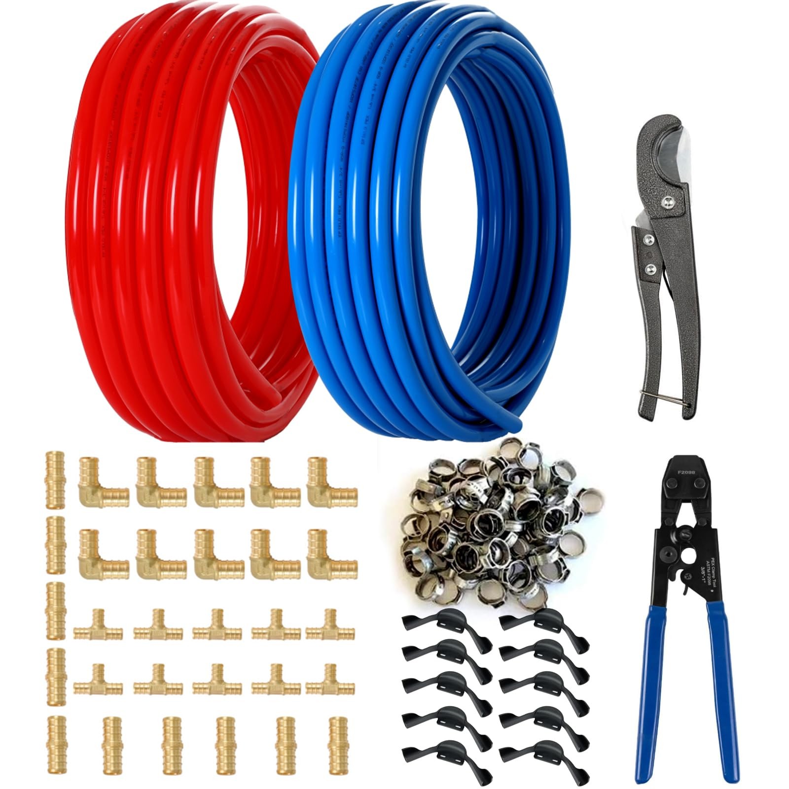 (All-in-One)  3/4 Inch PEX-B Pipe,2x100FT Blue&Red Pex Tubing,Plumbing Pipe kit