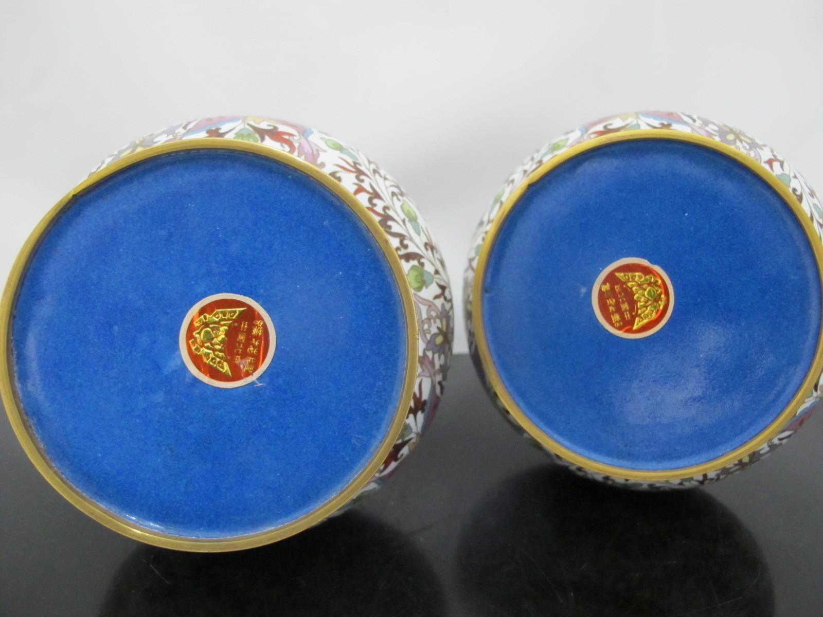 CHINESE White Enamel CLOISONNE Colorful Butterfly & Flower Vase Pair