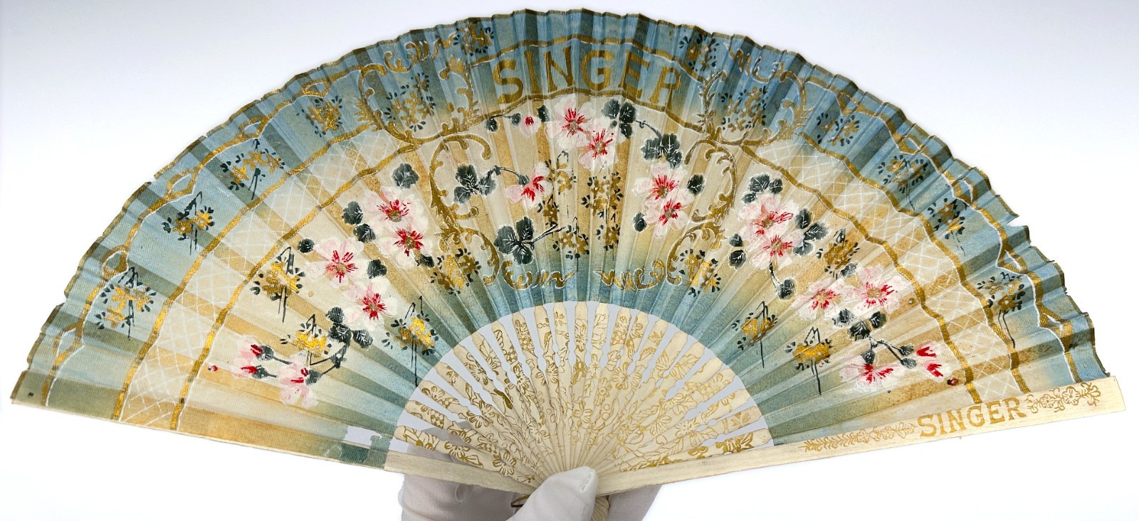 Singer Sewing Advertising Fan Antique Hand Painted Washi Japan 1921-1930