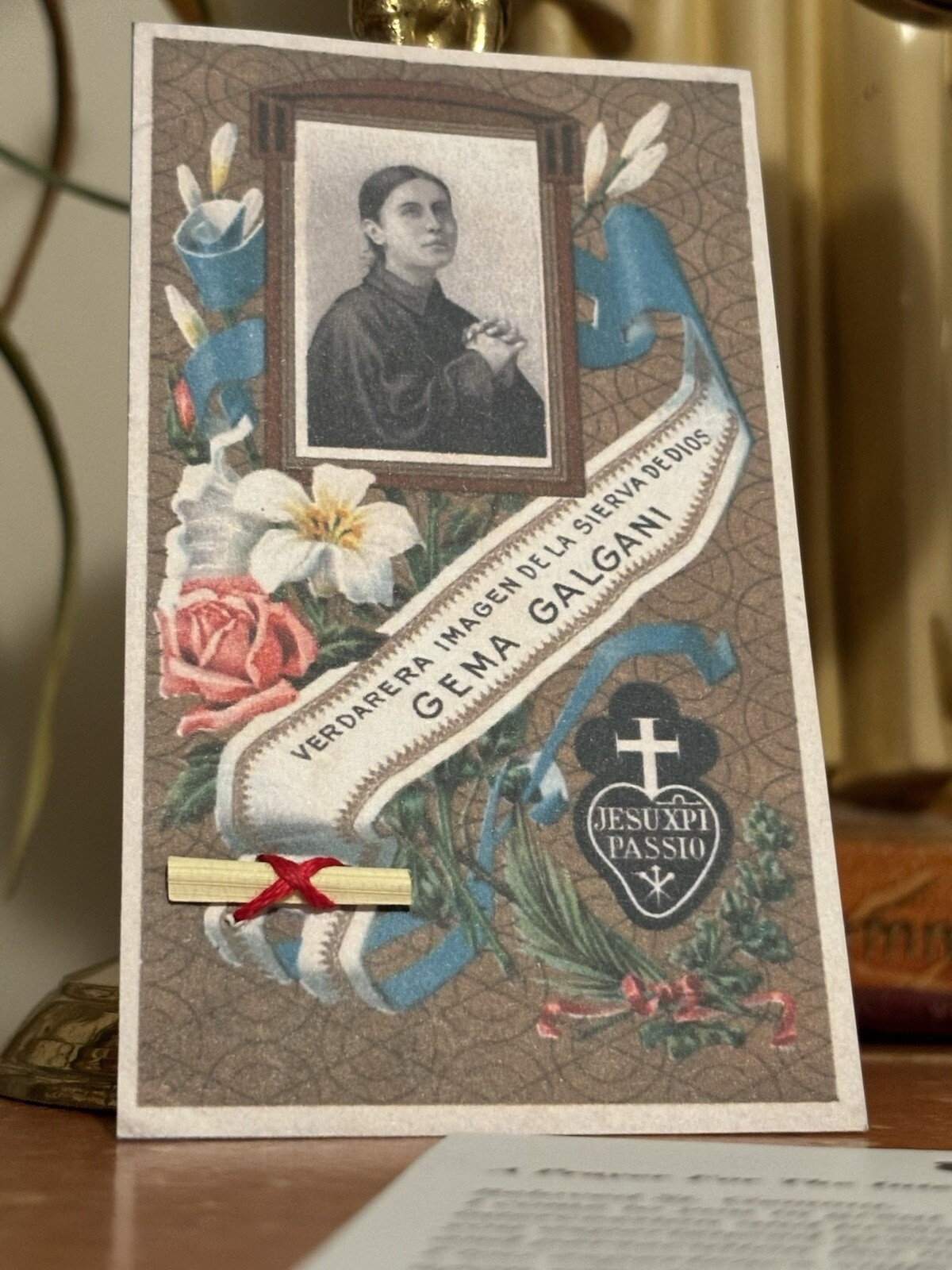 St. Gemma Galgani large holy relic card with prayer, used