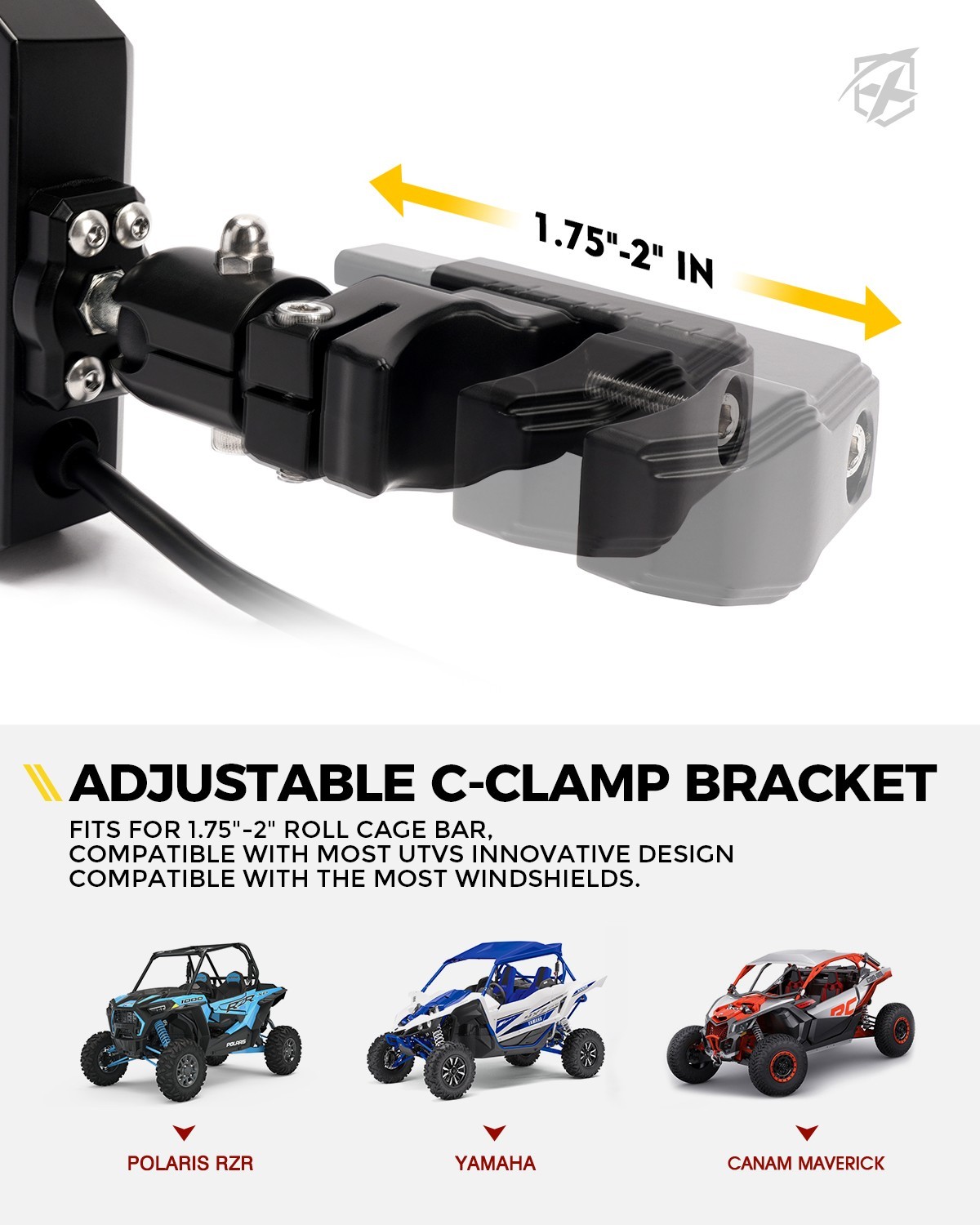 UTV Rear View Side Mirrors w/ Yellow Spot Light for 1.75"-2" Roll Bar Adjustable