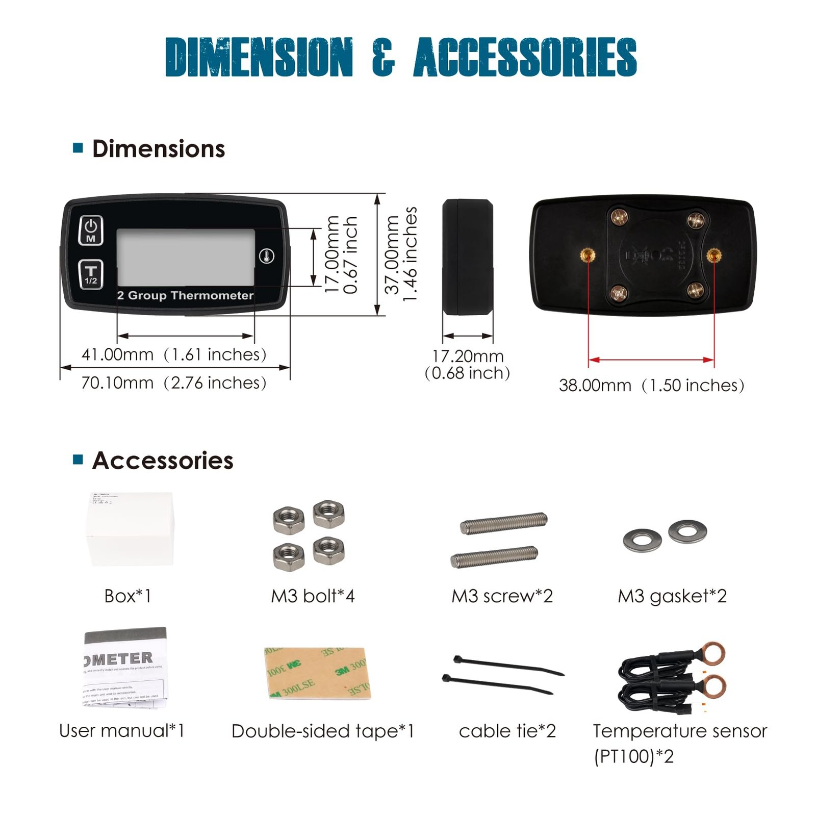 Digital LCD Engine Temp Gauge,Dual Temperature Record,Backlight Display,User ...