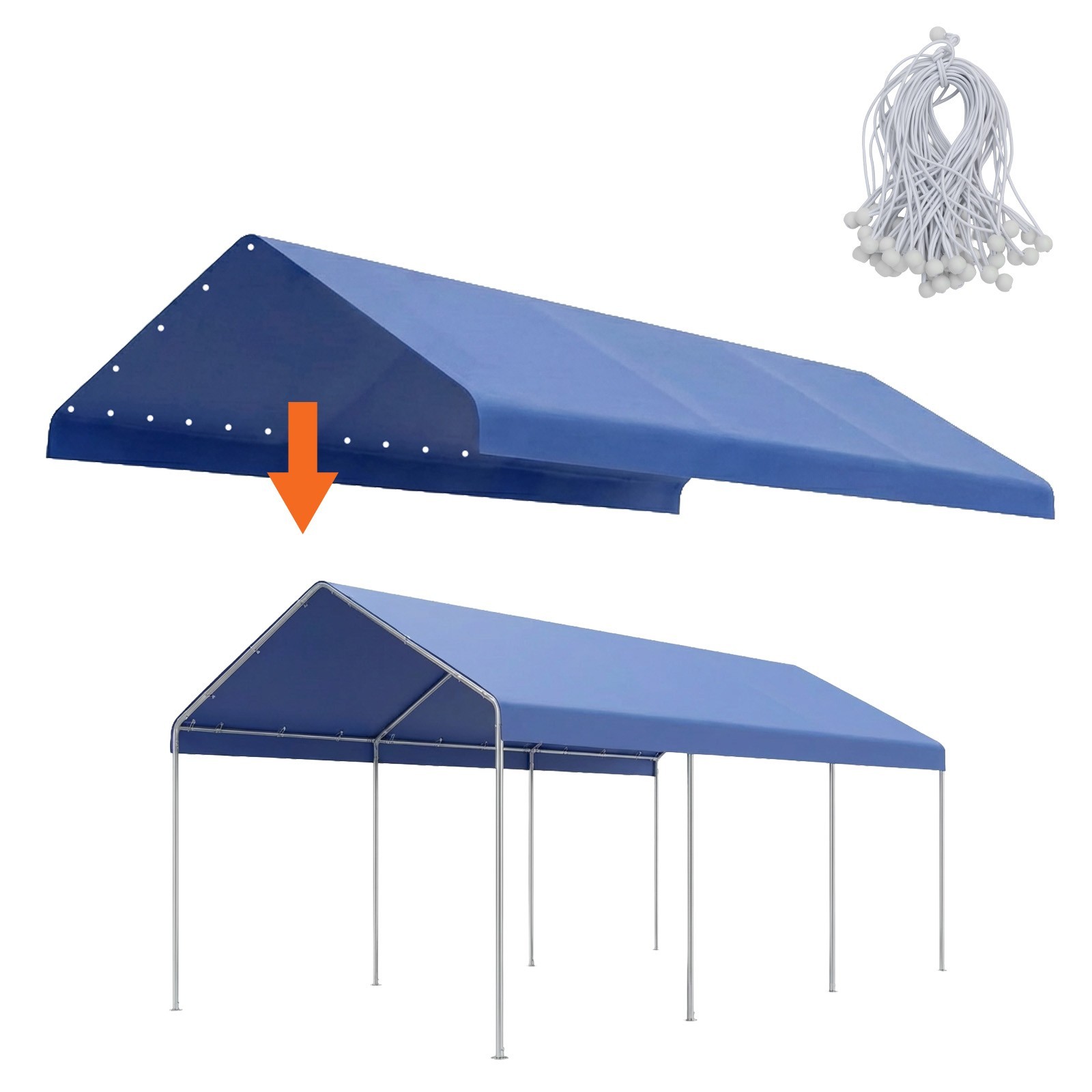 Aoodor 10 x 20 FT Carport Replacement Canopy Cover with Extra-Long Ball Bungees