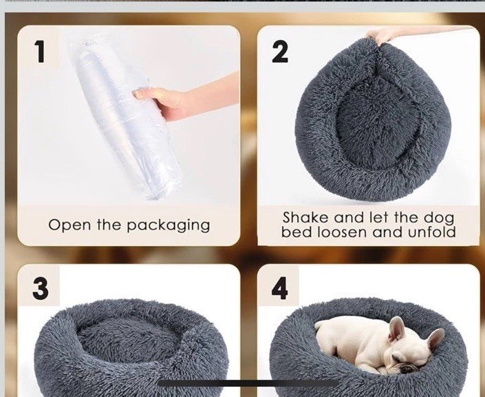 Donut Plush Pet Dog Cat 23" Bed Fluffy Soft Calming Bed Dark Gray