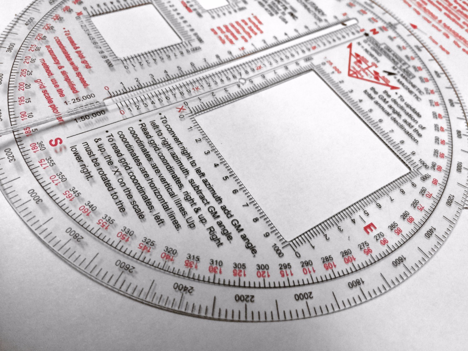 RM PRODUCTS Military Round Protractor (Red) SCALES: 1:25k / 1:50k / 1:100k
