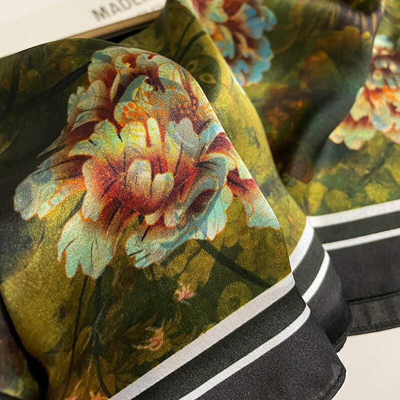100% Silk Scarf Women Vintage Dark Green Flower Kerchief Headscarf Tied 68*68cm