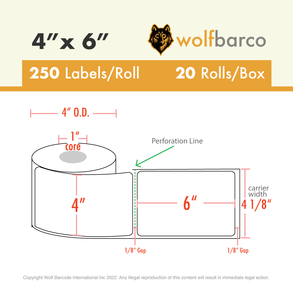 20 Rolls (5000) 4"x6" Direct Thermal Shipping Label 250/Roll Zebra LP2844/ZP450