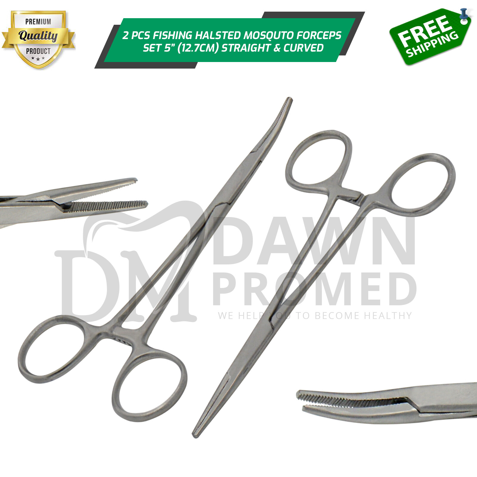 2 Pcs Fishing  Set 5" Locking Clamps Hemostat Forceps Straight & Curved German G