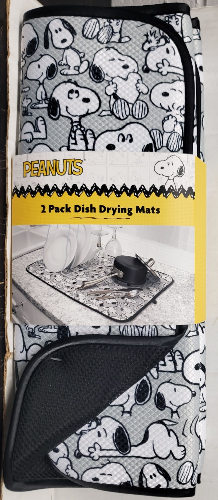 Microfiber Dish Drying Mat(16"x18") PEANUTS BLACK & WHITE SNOOPY DOGS ON GREY,BB