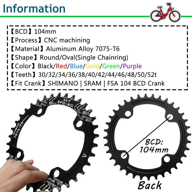 SNAIL 30-52T 104BCD Narrow Wide MTB Bike Chain Ring Single Chainwheels Crankset