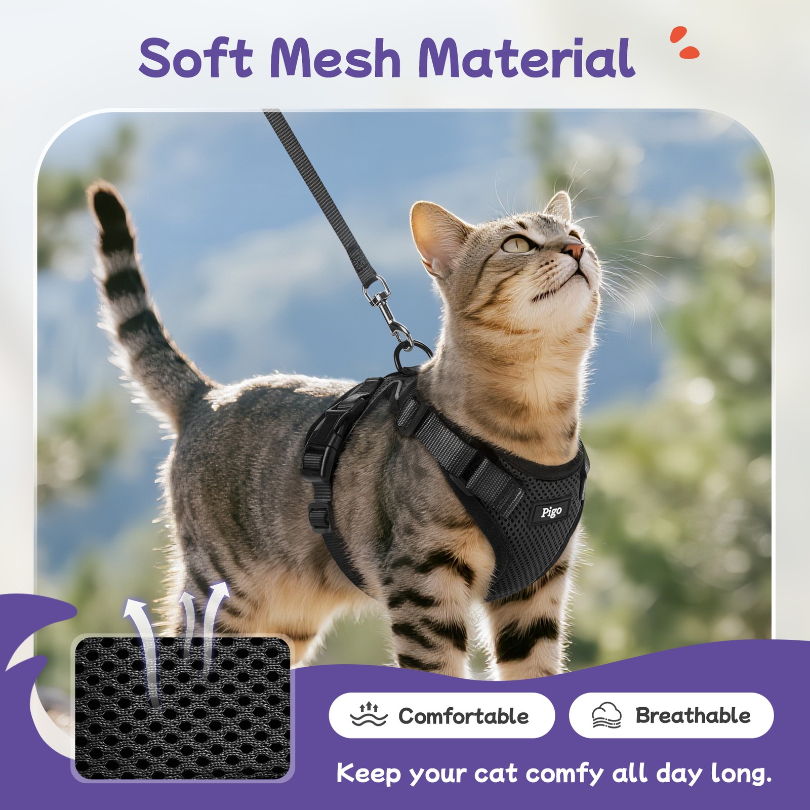 Pigo Cat Harness & Leash Escape Proof Soft Adjustable Vest Breathable Reflective