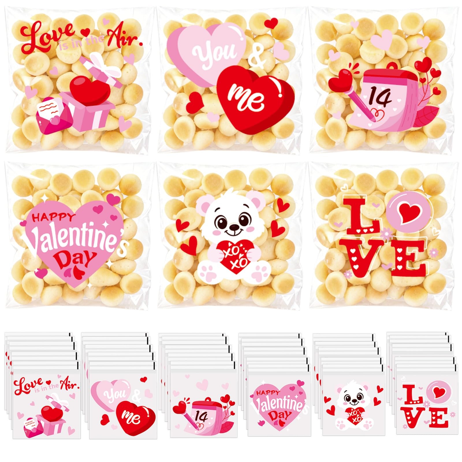 300pcs Valentine Cellophane Treat Bags Self-Adhesive Clear Plastic 6 Designs Set