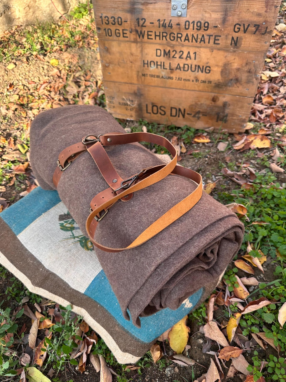 Bushcraft Wool Blanket with Handmade Leather Strap, Natural Blanket For Outdoor