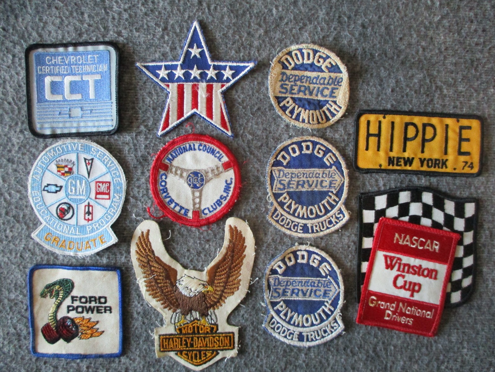 VINTAGE AUTOMOTIVE PATCHES (12)-FORD COBRA HARLEY-DAVIDSON CHEVY DODGE PLYMOUTH