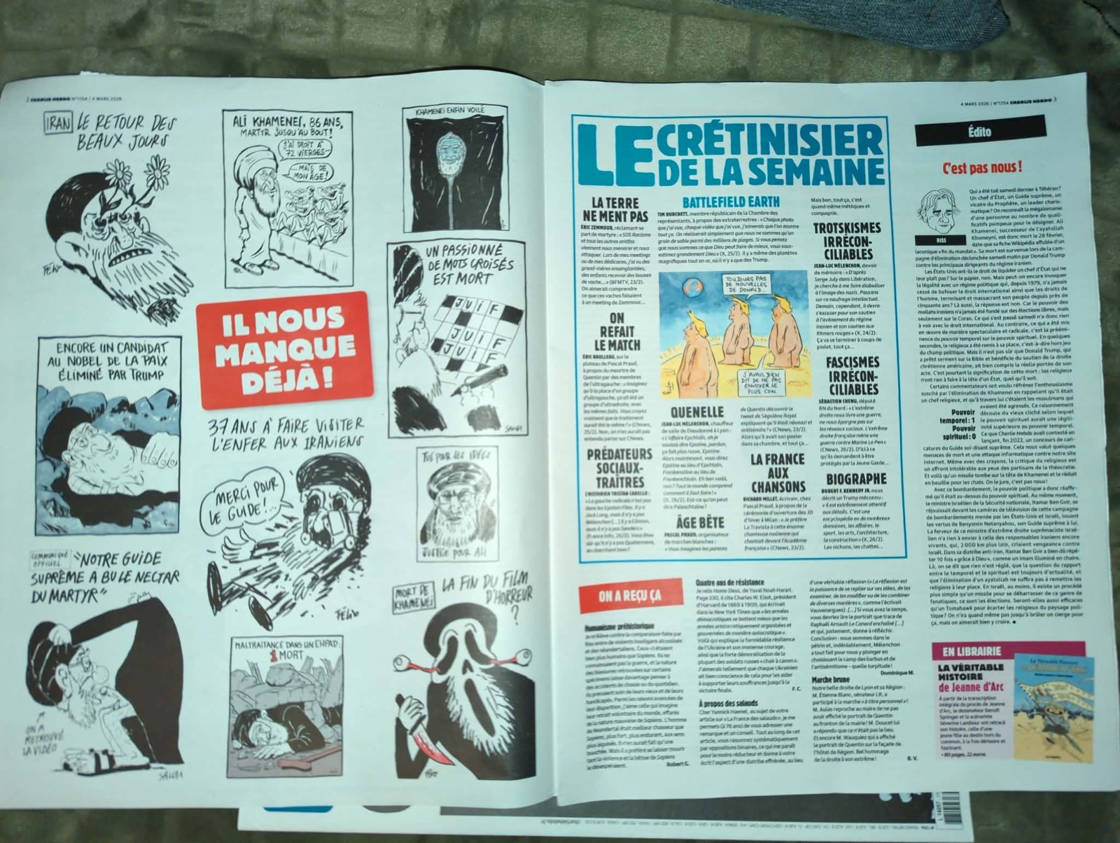 CHARLIE HEBDO March 4, 2026, N. 1754 KAHMENEI IS DEAD with ENGLISH TRANSLATION!!